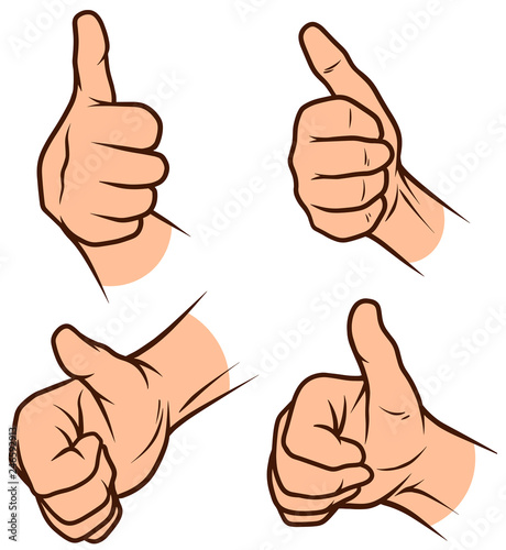 Cartoon graphic white human hands. Showing thumbs up, like gesture or sign. Isolated on white background. Vector icons set.