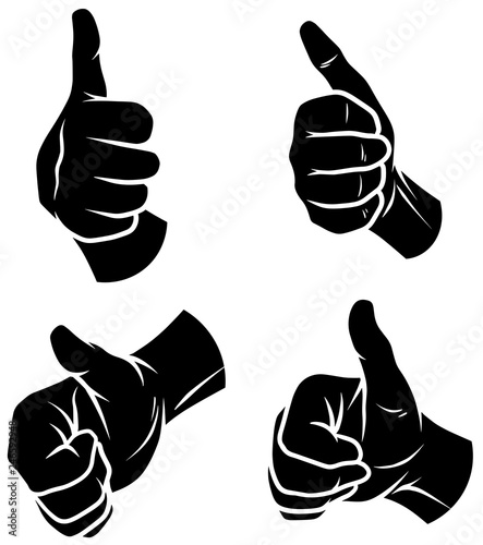 Cartoon graphic black silhouette human hands. Showing thumbs up, like gesture or sign. Isolated on white background. Vector icons set.