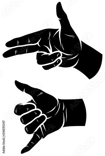 Cartoon graphic black silhouette human hands. Showing two fingers and Shaka gesture or sign. Isolated on white background. Vector icons set.