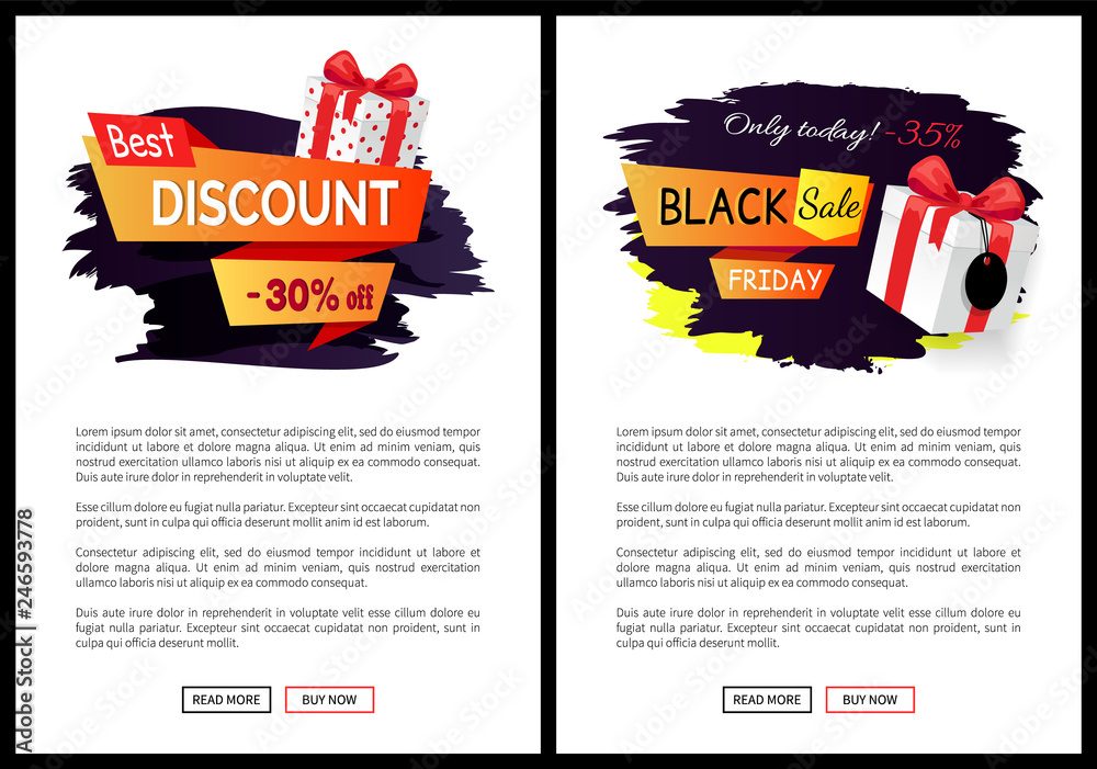 Black Friday sale tags, promo labels vector web poster with text, gift  present boxes. Advertising badges info about price reduction, discounts on  goods Stock Vector | Adobe Stock