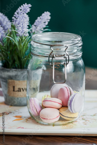cookies in a glass jar and lavanda flowers