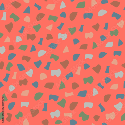 Terrazzo seamless pattern. The vector illustration is made in fashionable colors of 2019.