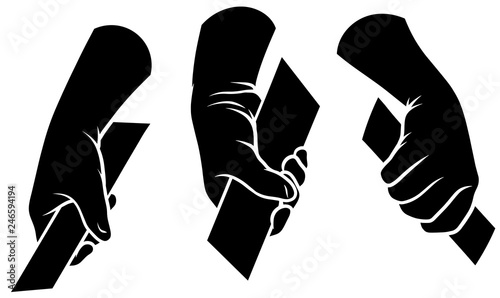 Cartoon graphic black silhouette human hands. Holding crossbar or handrail. Isolated on white background. Vector icons set. Vol. 3