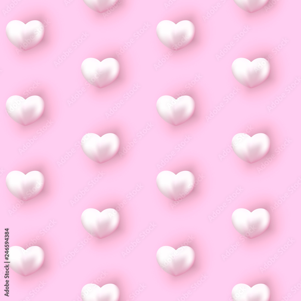 Valentines Day seamless pattern with realistic hearts on pink background. Valentines Day background for festive decor, wrapping paper, print, textile, fabric, wallpaper.