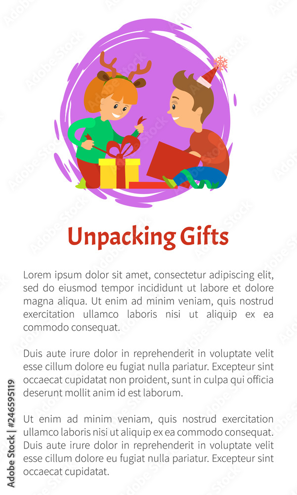 Unpacking gifts vector poster with text sample. Christmas holidays, children opening presents. Girl wearing reindeer horns accessories, packages and bows Unpacking gifts vector poster with text sample. Christmas holidays, children opening presents. Girl wearing reindeer horns accessories, packages and bows