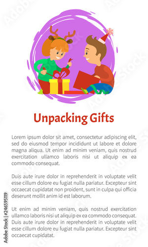 Unpacking gifts vector poster with text sample. Christmas holidays, children opening presents. Girl wearing reindeer horns accessories, packages and bows