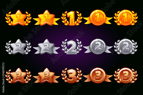 Golden, silver and bronze rewards icons set. 1st, 2nd, 3rd place different variation. Laurel wreath of victory and gold star or game, ui, banner, app, interface, slots, game development