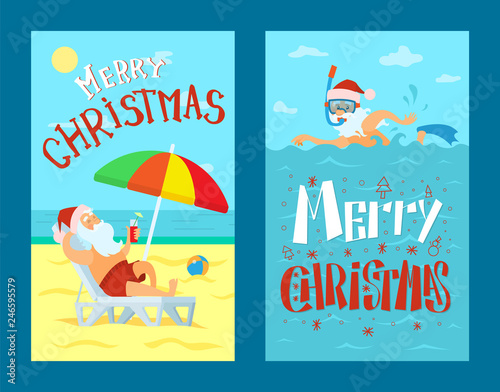 Merry Christmas, Santa Claus lying on sunbed under color umbrella. Father frost in red hat diving in scuba mask in sea or ocean in red hat, vector at coastline flat style