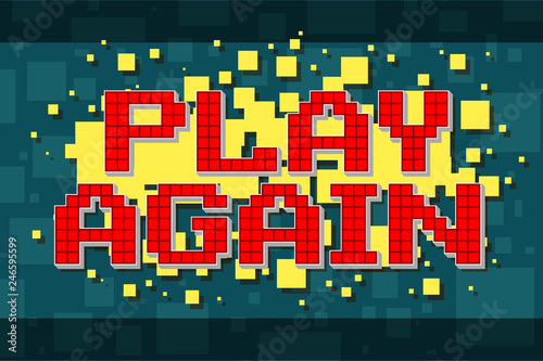 Red pixel retro play again button for video games