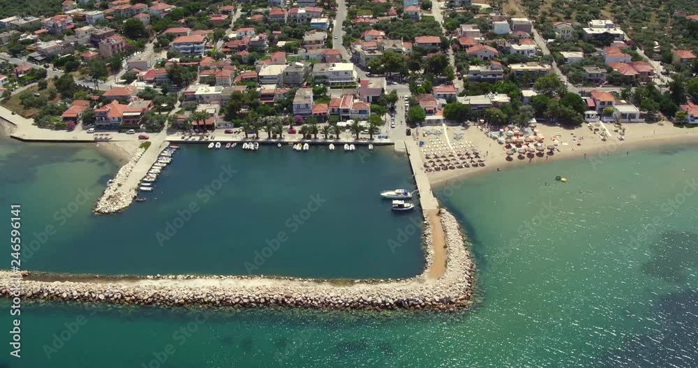 Aerial cable cam shot of Skala Sotiros resort on Thassos island, Greece.