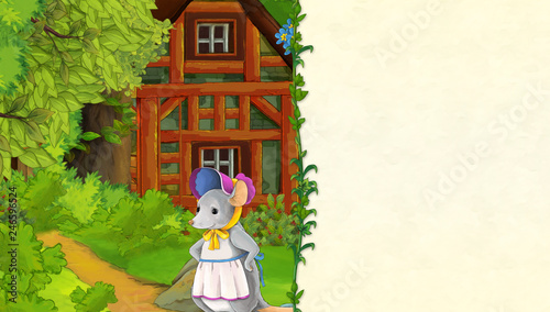 cartoon scene with older wooden house in the forest and mouse - with space for text - illustration for children