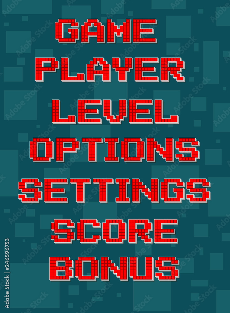 Red pixel retro different texts for video games web design. Player, level, options, settings, score, bonus. Navigation buttons. On gray background with square. Vector icons set.