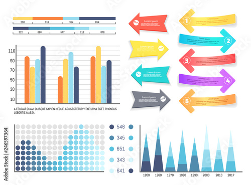 Infographics and pointers, information visual presentation vector. Arrowhead, scales and numeric data schemes. Flowcharts info concept visualization