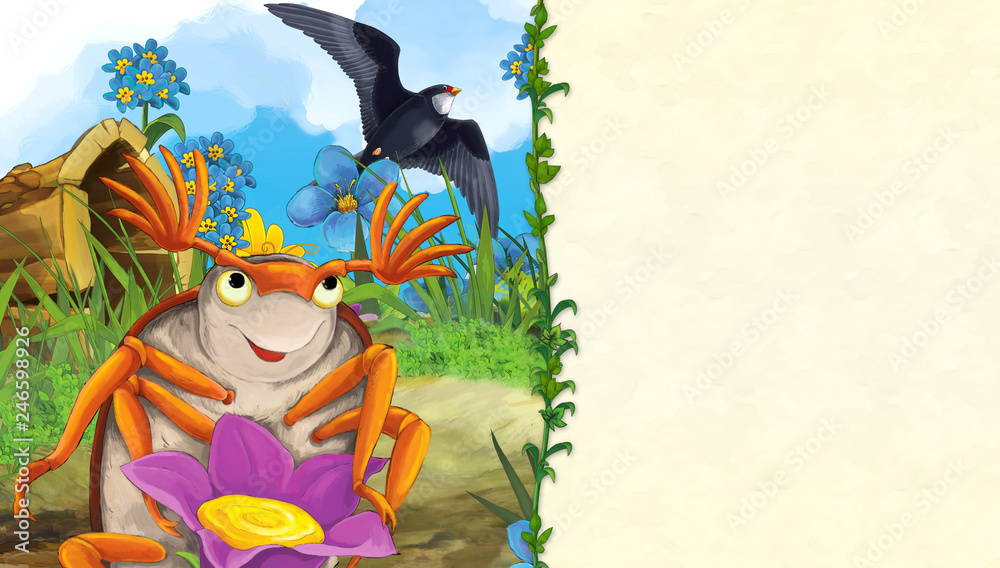 cartoon scene on the meadow with dumbledore and flying cuckoo - with space for text - illustration for children cartoon scene on the meadow with dumbledore and flying cuckoo - with space for text - illustration for children