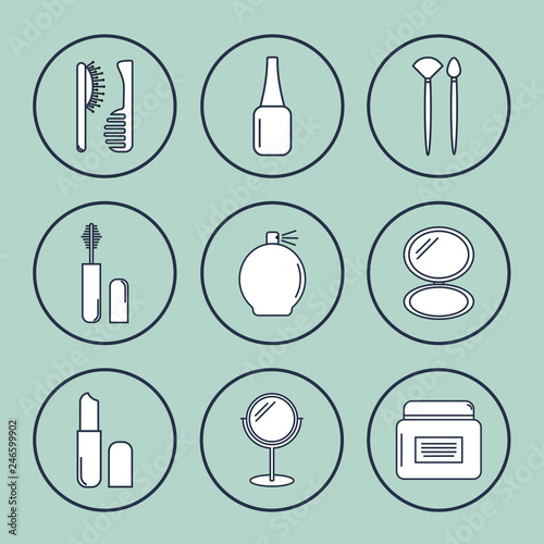 Vector icon set of makeup accessories. Cosmetic accessories line art set