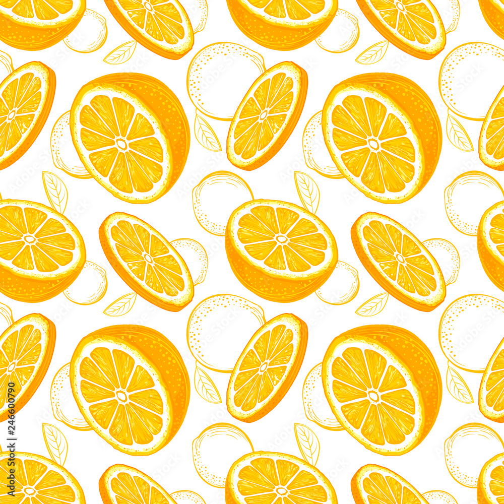 Orange seamless pattern. Sketch oranges. Citrus fruit background. Elements for menu, greeting cards, wrapping paper, cosmetics packaging, posters etc