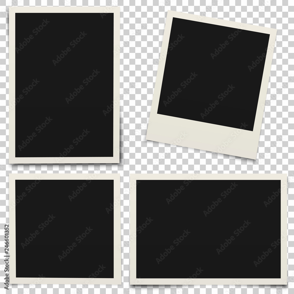 Empty photo frames with shadow isolated on transparent background.