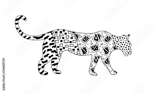 Vector whole moving ornamental tiger in zen art style with different patterns isolated on white background. Black and white ornate object side view. Spotted, dots, rectangles, triangles textures