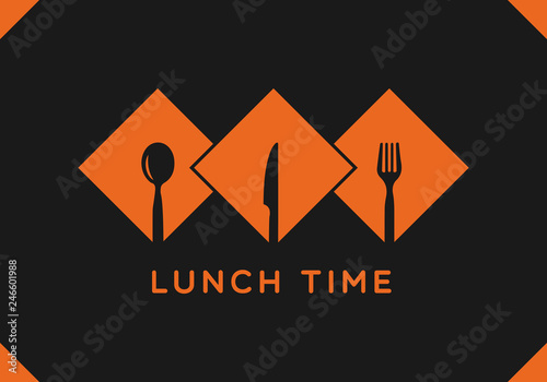 Lunch time with cutlery sign over black background. vector icons.