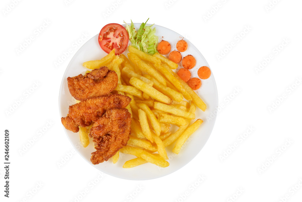 French fries with chicken, tomato on a white plate French fries with chicken, tomato on a white plate