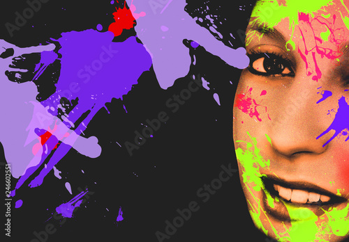 Beauty Girl face with Vivid Makeup. Colorful crayons. Fashion Woman portrait close up. Bright Colors. Long eyelashes, vivid eyeshadows make up © graciela rossi