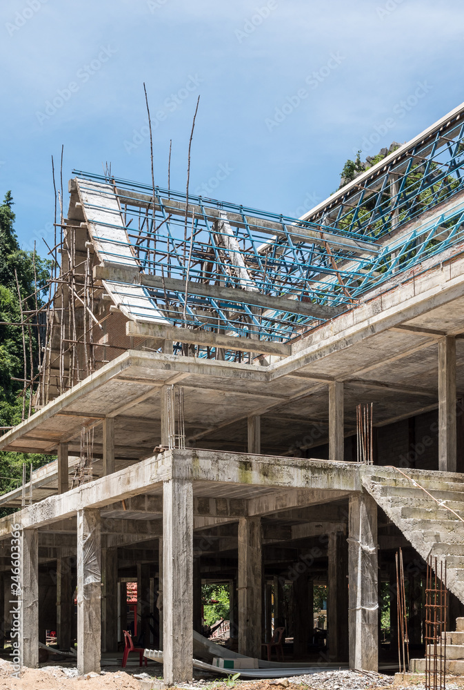 Unfinished temple with the wooden scaffolding.