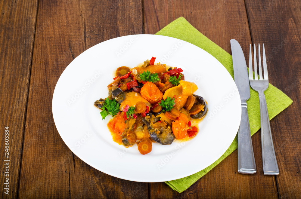 Bright vegetable stew from different vegetables Bright vegetable stew from different vegetables
