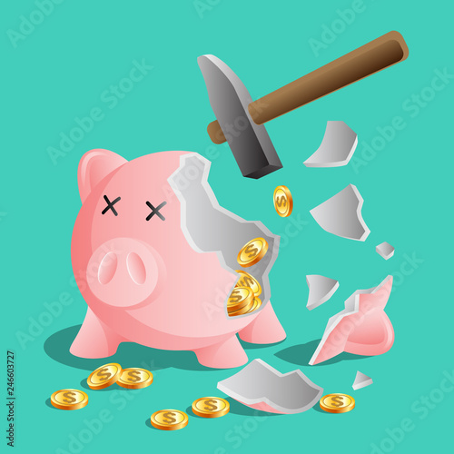 Broken pink piggy bank by hammer, bright gold coins, keeping, saving money concept, vector illustration