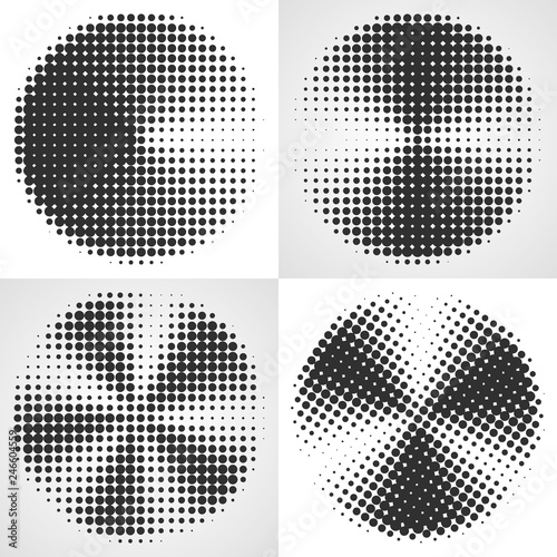 Radial gradient halftone backgrounds. Dot circular design.