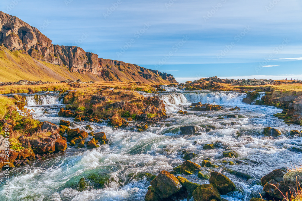 View of beautiful waterfall in the south of iceland near the Road 1.Autumn