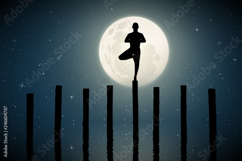 Yoga on moonlit night. Vector illustration with silhouette of yogi standing on log. Full moon in starry sky.