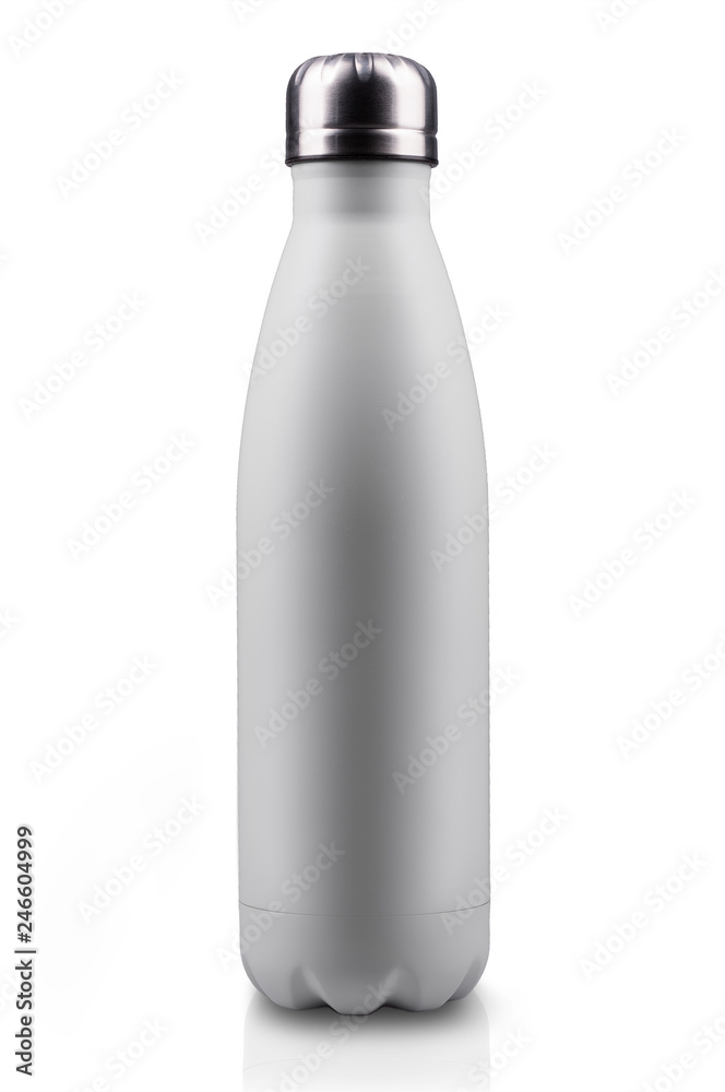 White empty stainless thermo water bottle close-up isolated on white background. White empty stainless thermo water bottle close-up isolated on white background.