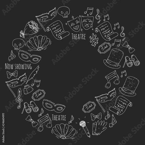 Theatre vector illustration. Entertaiment, cinema, stage, event. Background for banners, posters.