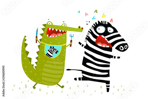 Crocodile Chasing Zebra Funny Run