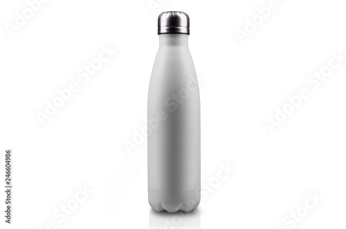 White empty stainless thermo water bottle close-up isolated on white background.