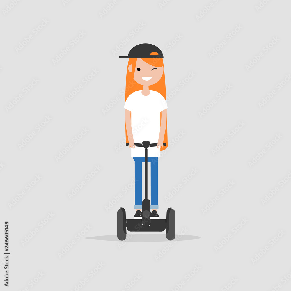 young character riding on segway. Vector flat cartoon illustration