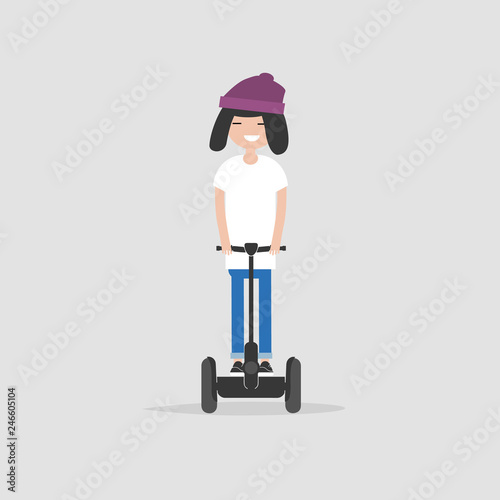 young character riding on segway. Vector flat cartoon illustration