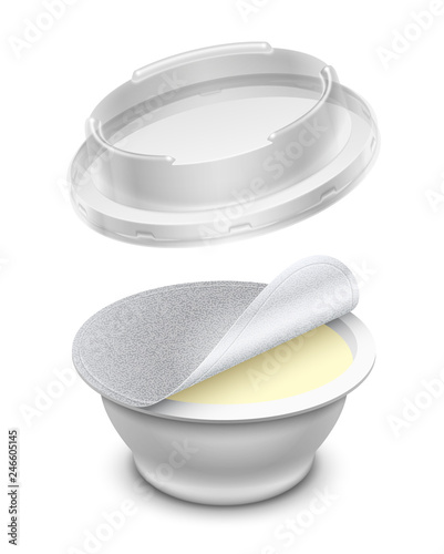 Open round plastic container with foil and transparent lid. Vector packaging mockup 3D illustration.