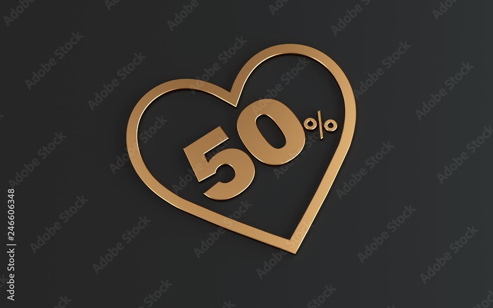 Valentine's Day, offer 50% discount heart and golden letters on dark background Valentine's Day, offer 50% discount heart and golden letters on dark background