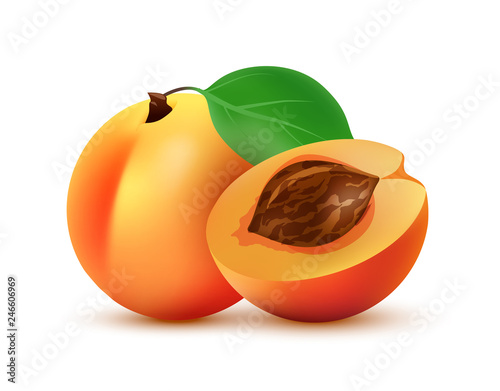 Half and whole Peach fruit illustration - Vector icon isolated on white.