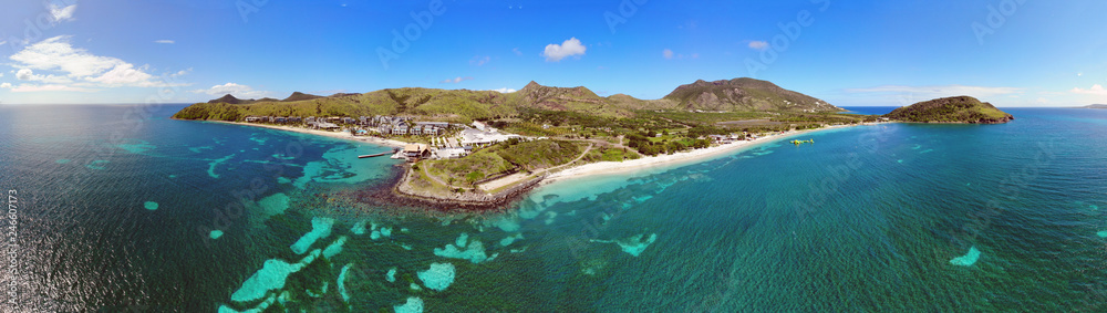 Aerial panoramic view of Christopher Harbor and the Caribbean Sea, Saint Kitts, near the Park Hyatt hotel and Reggae Beach