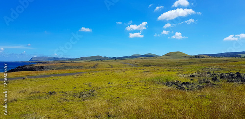 View of the Easter Island landscape with numerous volcanic cones  the Rano Kau volcano is located on the far left  Easter Island  Chile