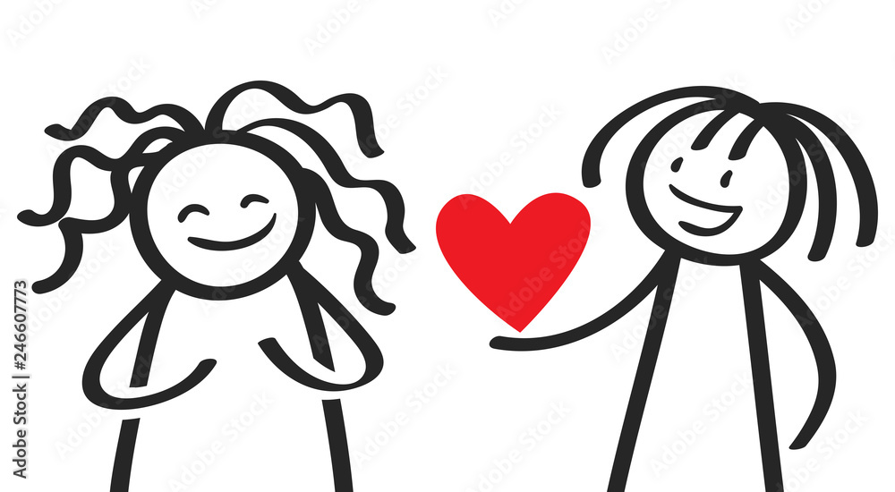 Valentinstag, Liebe, Strichmännchen verschenkt ein Herz an Freundin