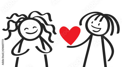 Valentinstag, Liebe, Strichmännchen verschenkt ein Herz an Freundin