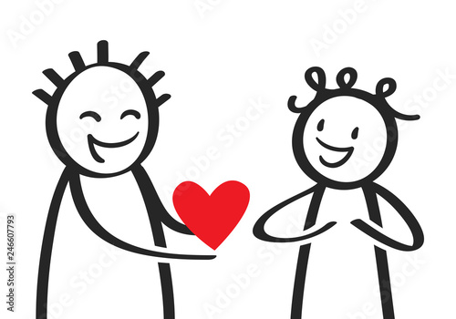 Valentinstag, Liebe, Strichmännchen verschenkt Herz an Freund