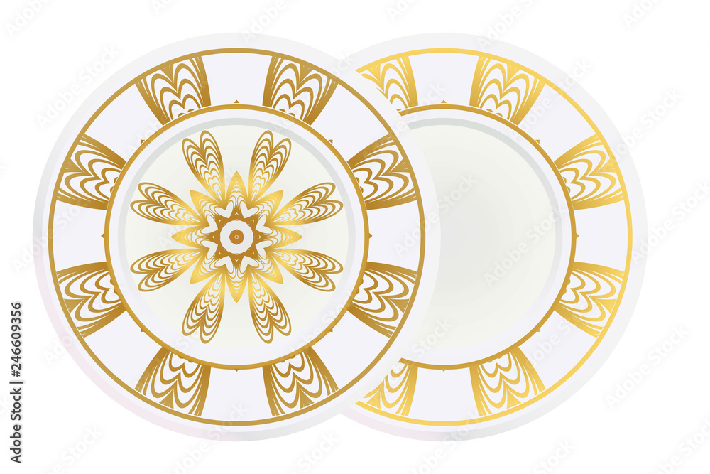 decorative plates for interior design. Empty dish, porcelain plate mock up design. Vector illustration. Decorative plates with Mandala ornament patterns