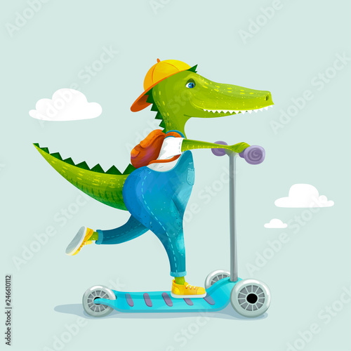 Cute crocodile kid riding a kick scooter. Funny vector illustration