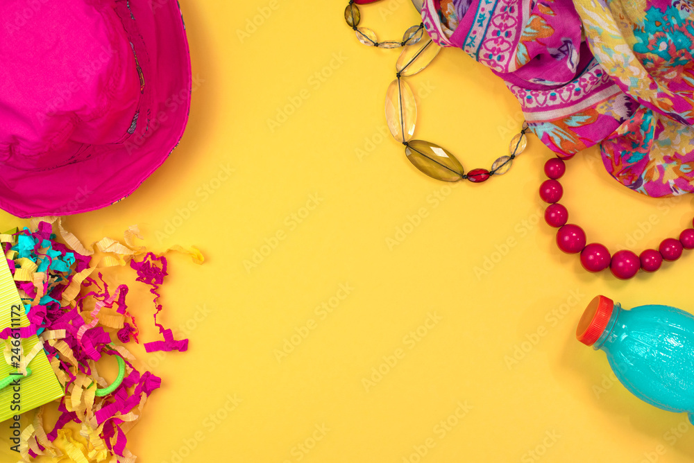 Women's accessories Flat lay on yellow background Top view copy space