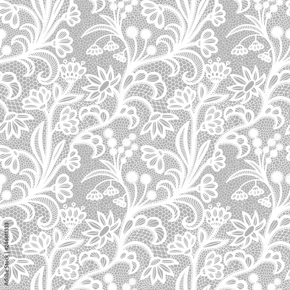 White vintage Lace seamless pattern with flowers