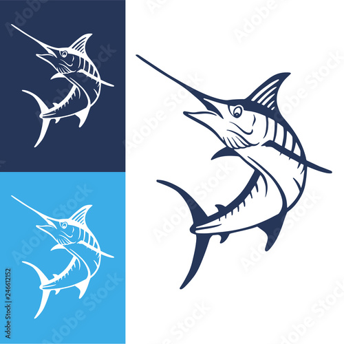 Hand Drawn Marlin fish jump. Design elements for logo, label, emblem, sign, brand mark. Vector illustration.